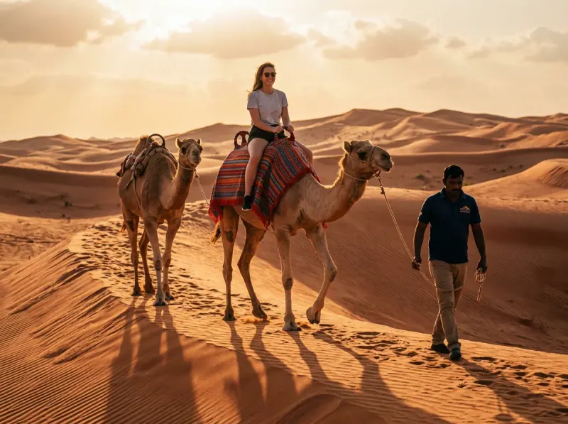 A handler leads a rider on camelback across a dune in warm light.