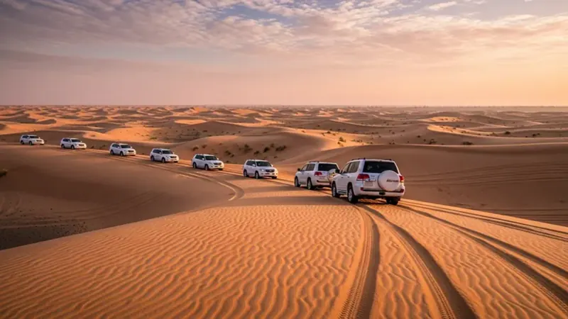 A convoy of white 4x4s crossing red desert dunes in warm light.