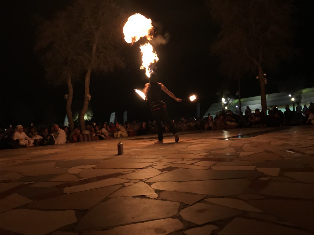 Desert camp with fire at night - overnight safari