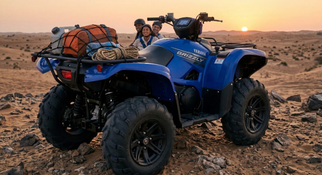 Blue Yamaha Grizzly quad bike loaded with gear parked on