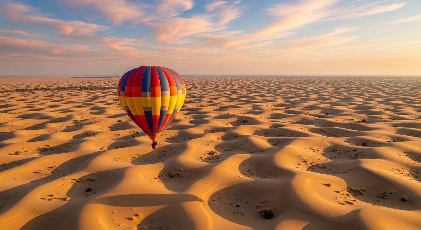 Hot air balloon flying over Dubai desert dunes at sunrise