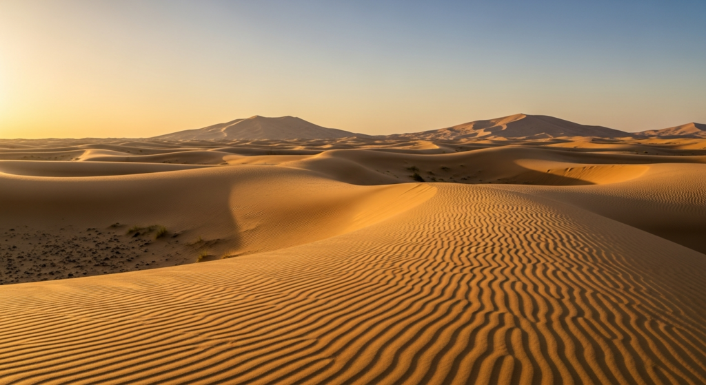 Golden sand dunes with wind-swept ripples under a clear sunset sky in the vast desert landscape