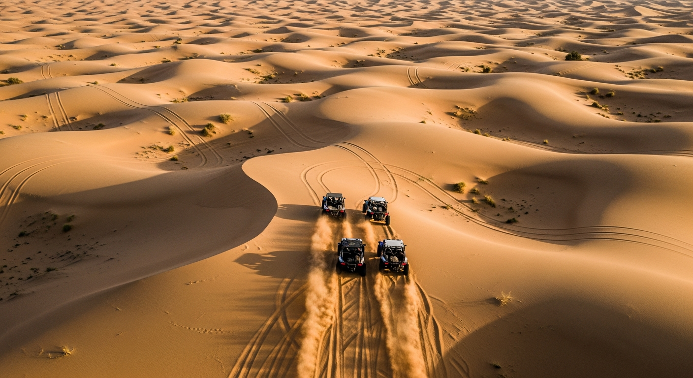 Dune buggy convoy driving through Abu Dhabi desert