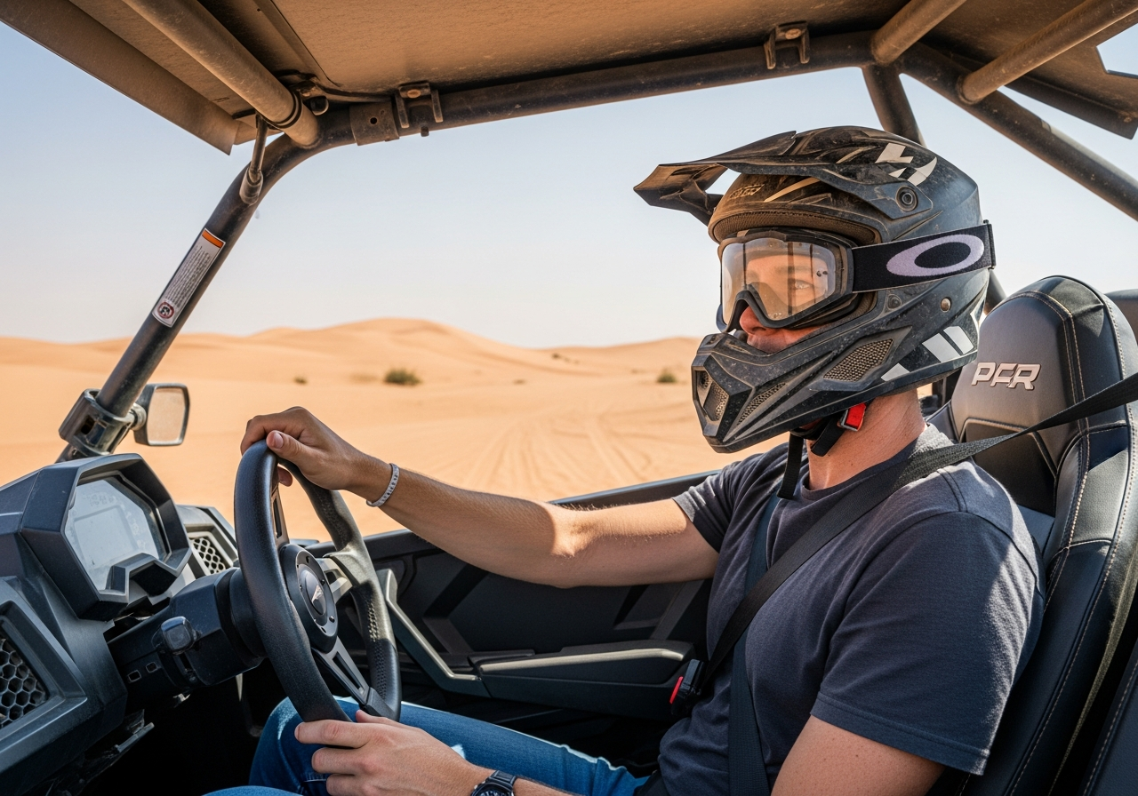 Tourist in dune buggy driver seat ready for Abu Dhabi desert adventure