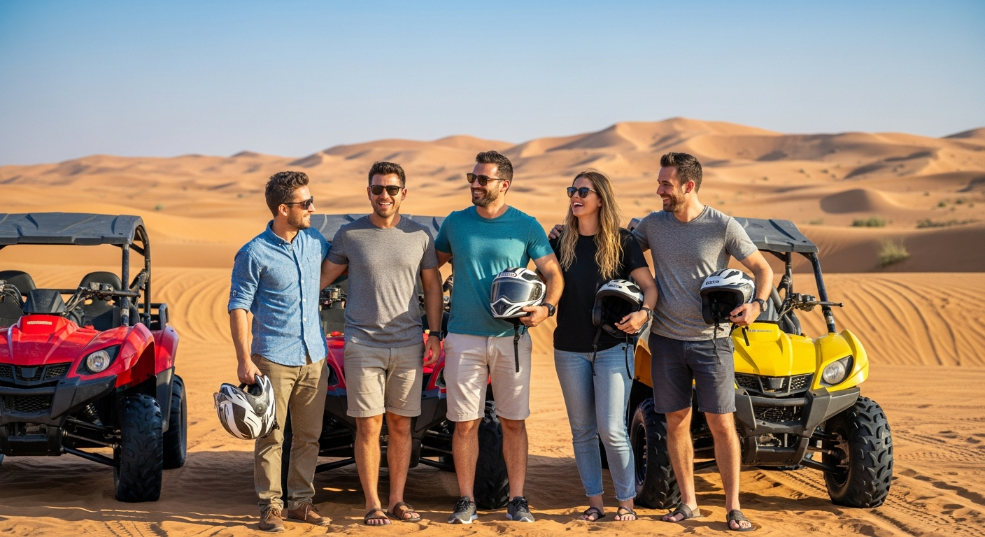 Happy tourists after dune buggy ride in Abu Dhabi