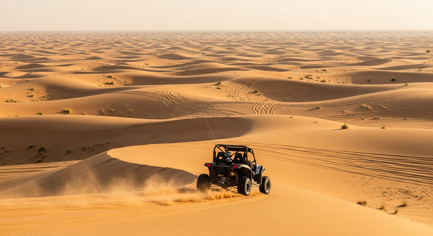 Dune buggy racing across golden sand dunes in Abu Dhabi Al Khatim desert