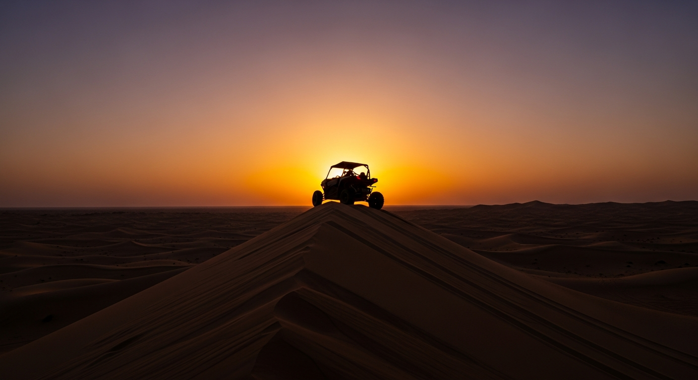 Dune buggy silhouette at sunset in Abu Dhabi desert