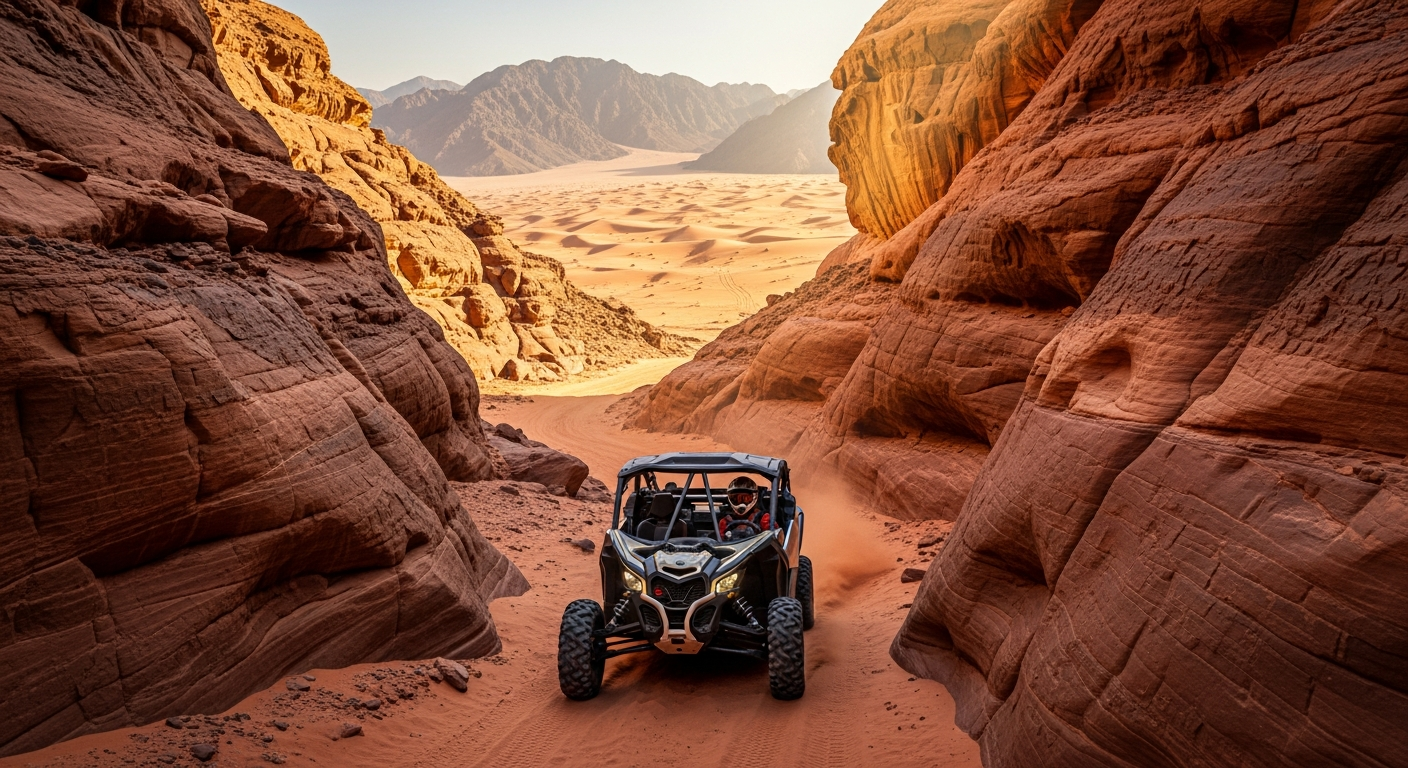 Dune buggy navigating desert canyon in Ras Al Khaimah