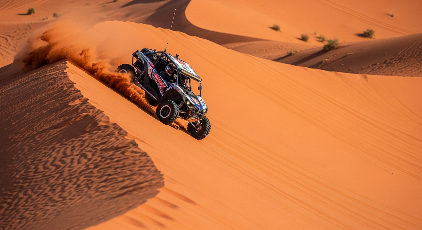 Buggy climbing steep red dune in RAK desert