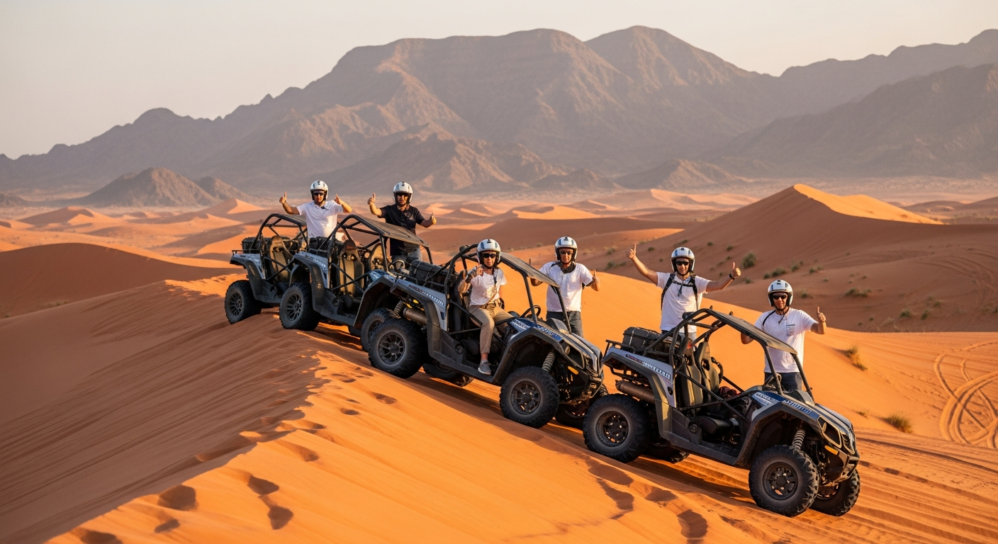 Group of tourists with buggies on RAK dune ridge