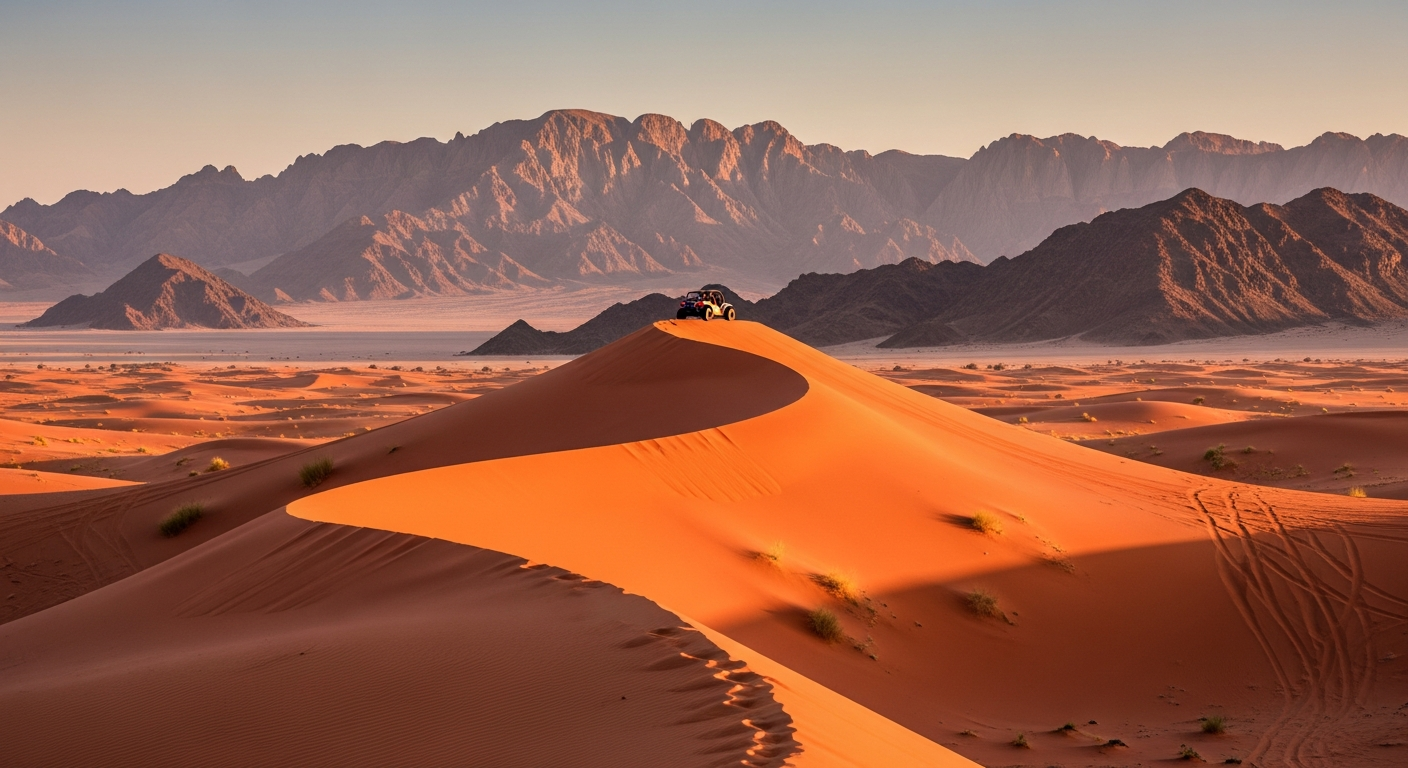 RAK desert panorama with Hajar Mountains and dune buggy