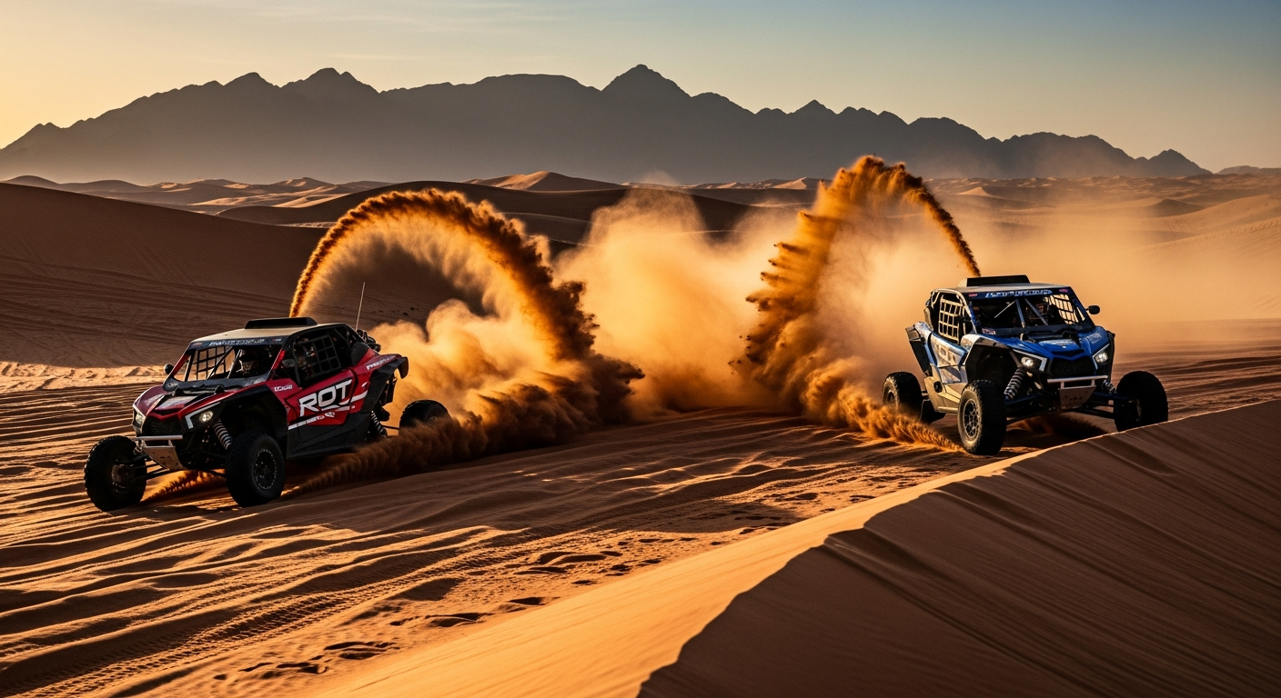 Dune buggies racing across Ras Al Khaimah red dunes