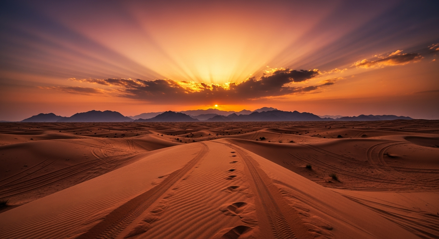 Sunset over Ras Al Khaimah desert dunes