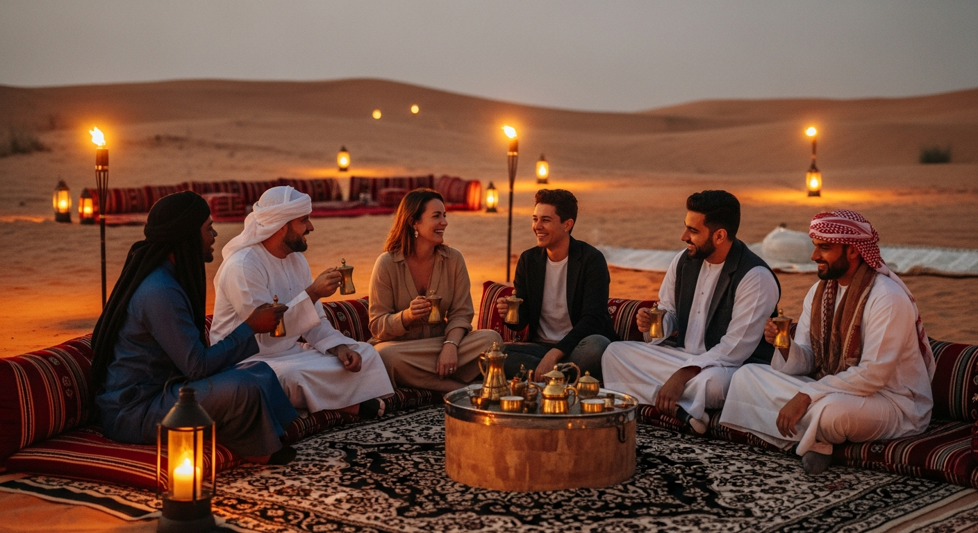 Tourists enjoying evening desert safari experience at Abu Dhabi desert camp with traditional Arabic setup