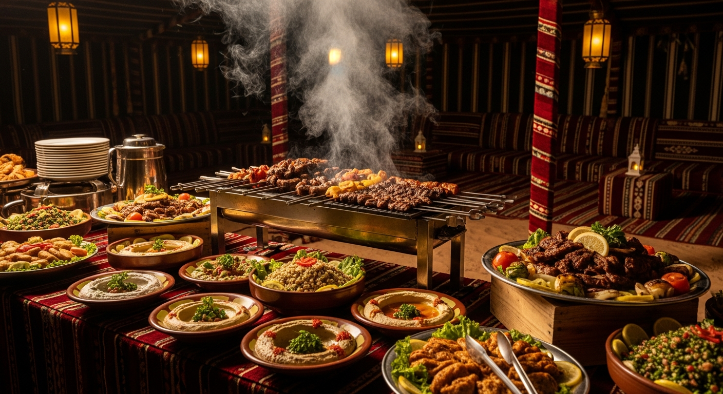 Traditional BBQ dinner buffet at Abu Dhabi desert safari camp