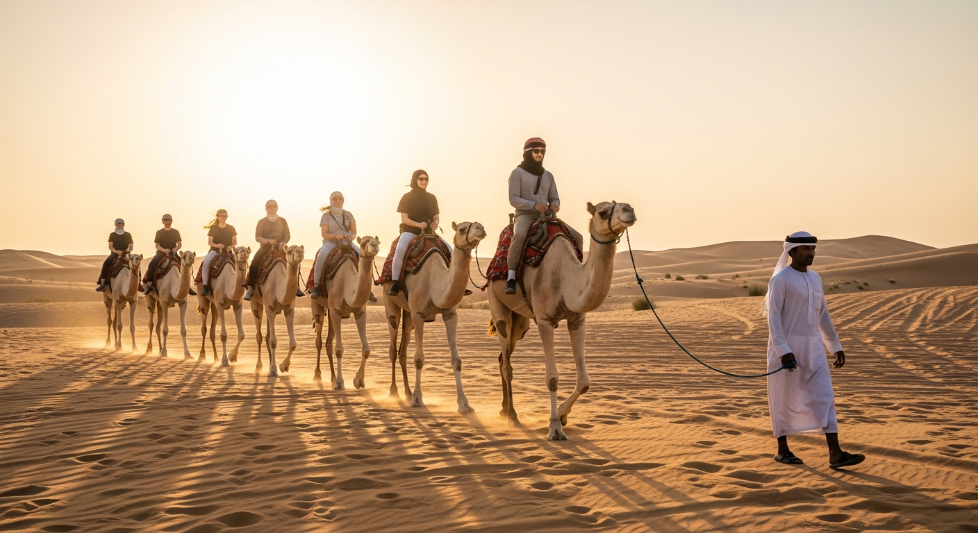 Camel riding at sunset during Abu Dhabi evening desert safari