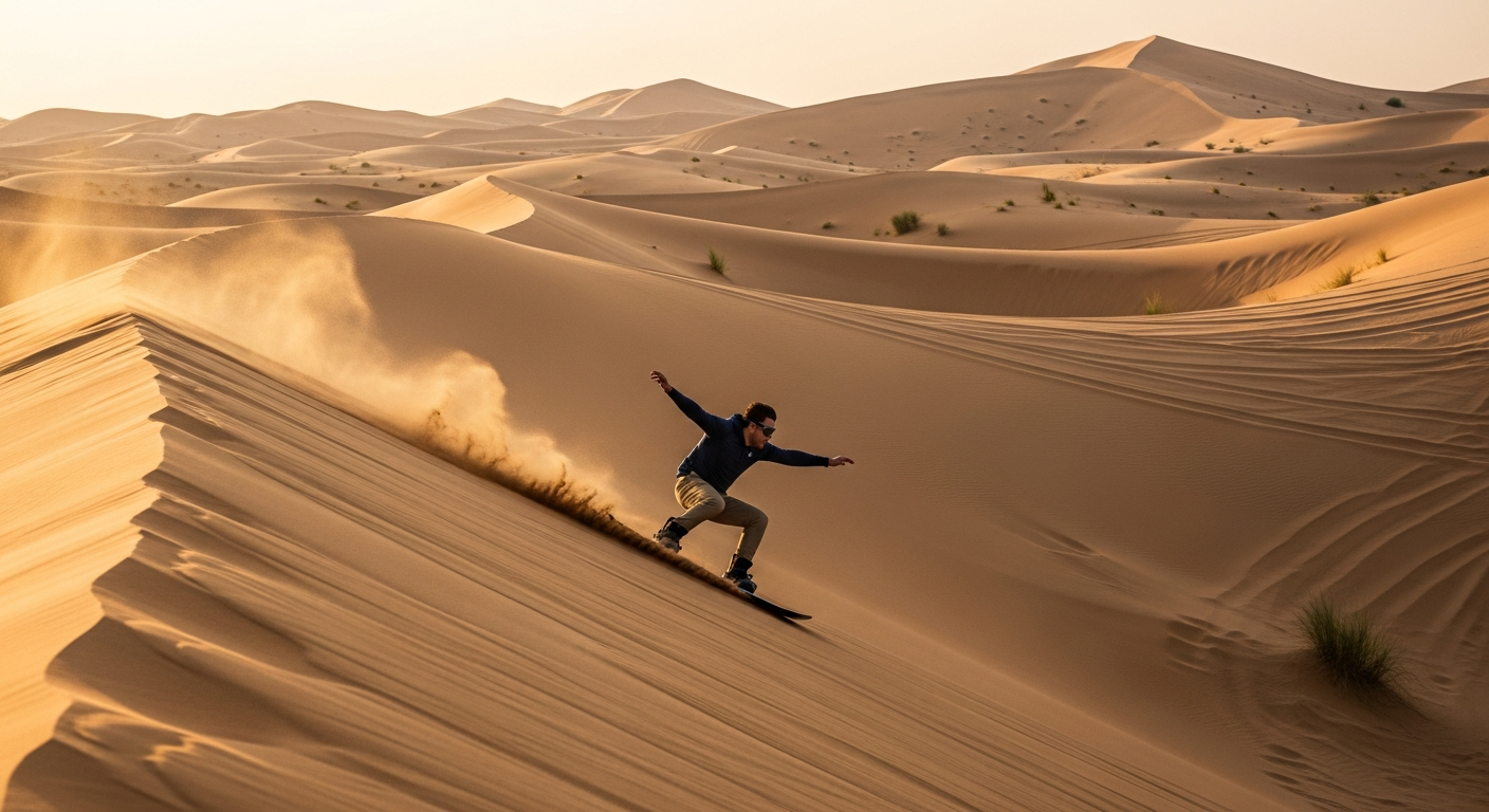 Sandboarding on Abu Dhabi desert dunes during evening safari
