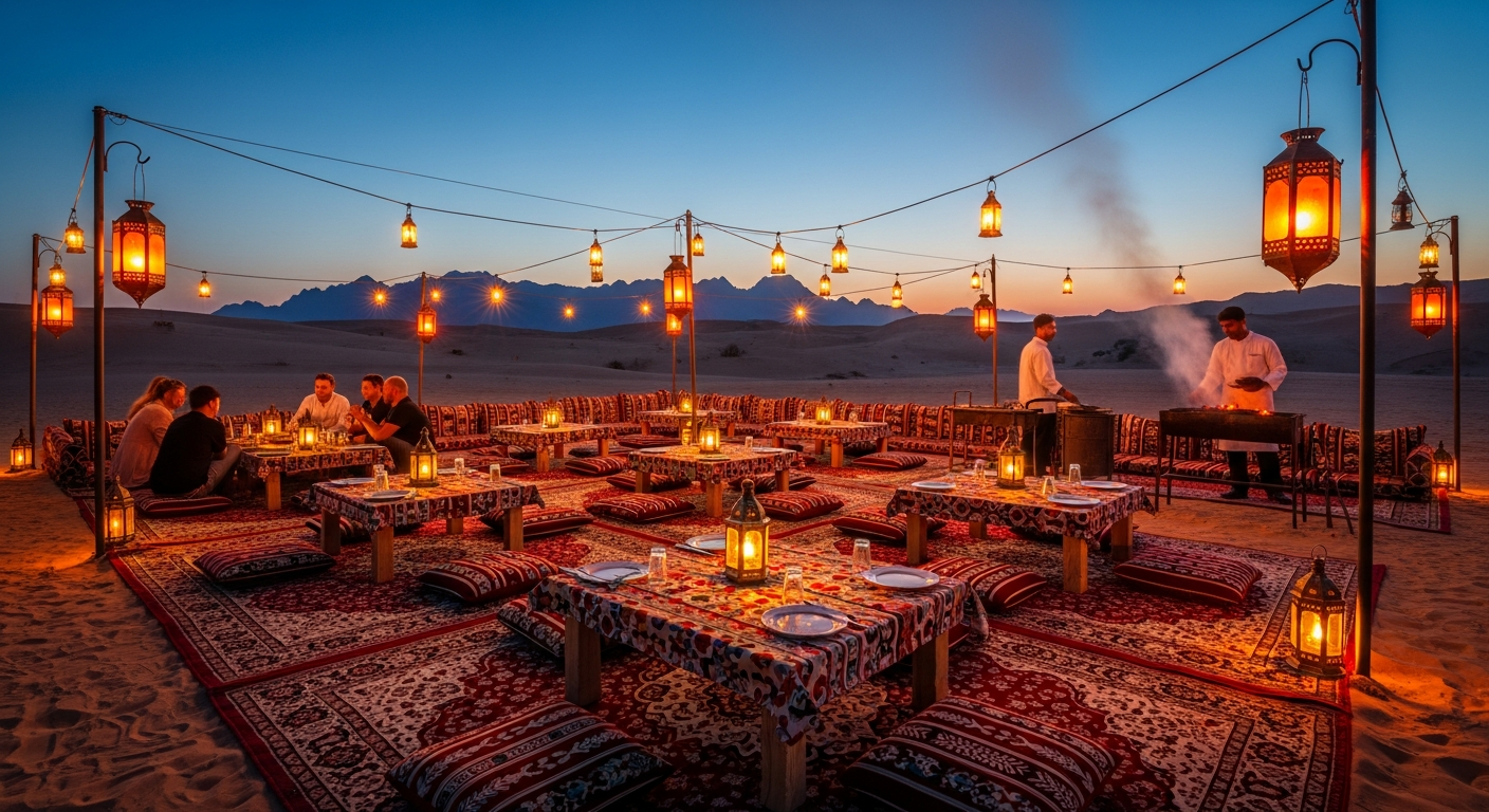 Evening desert safari camp in Ras Al Khaimah with BBQ dinner setup