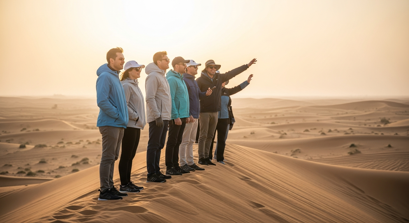 Tourists enjoying morning desert safari at sunrise in Abu Dhabi Al Khatim desert