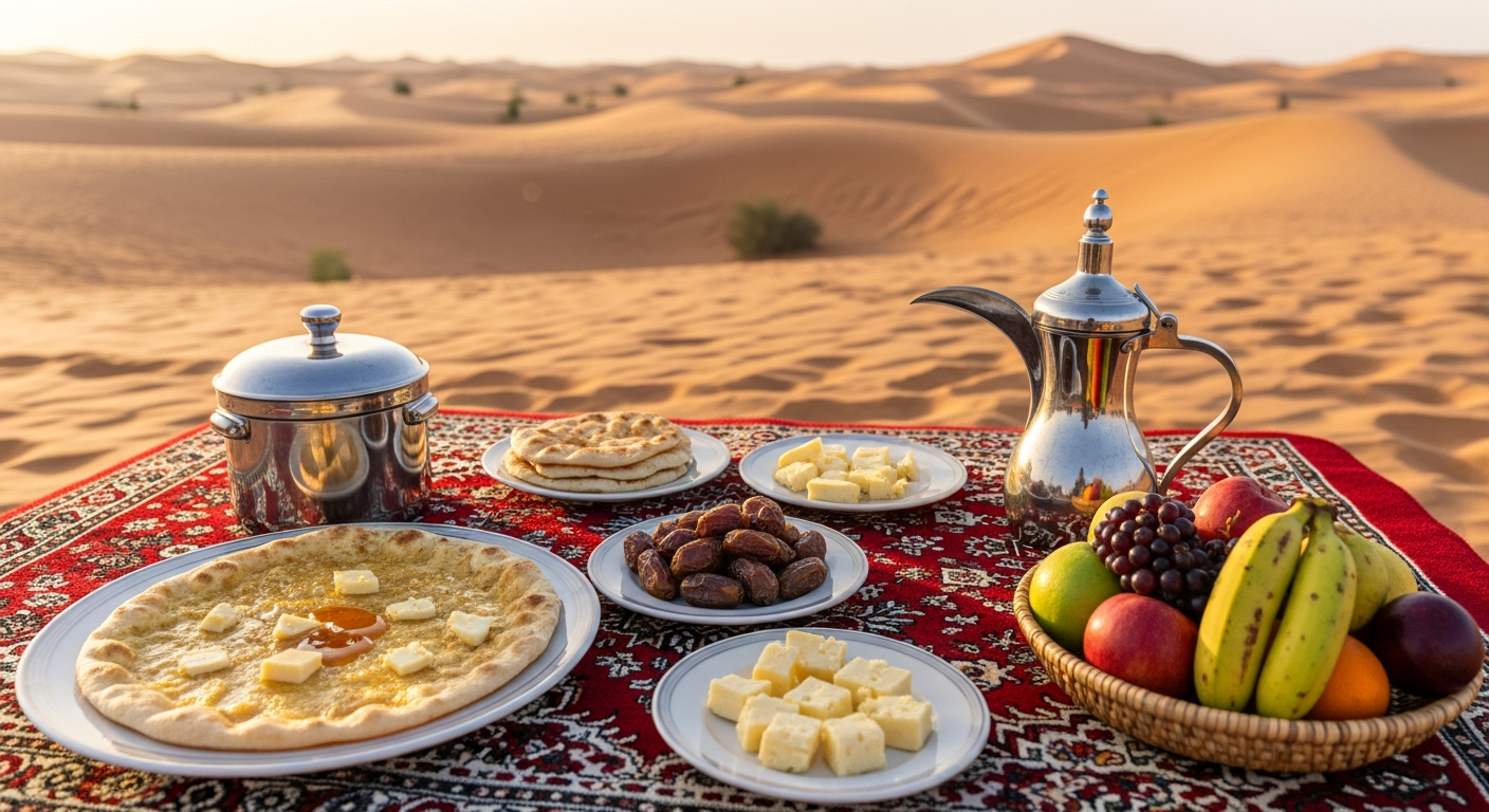 Traditional Arabian breakfast at Abu Dhabi desert camp