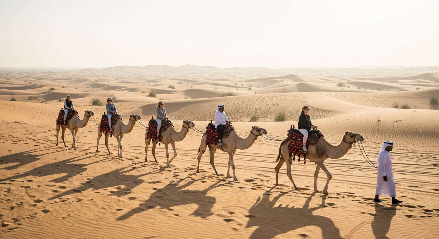 Camel trekking at sunrise in Abu Dhabi Al Khatim desert