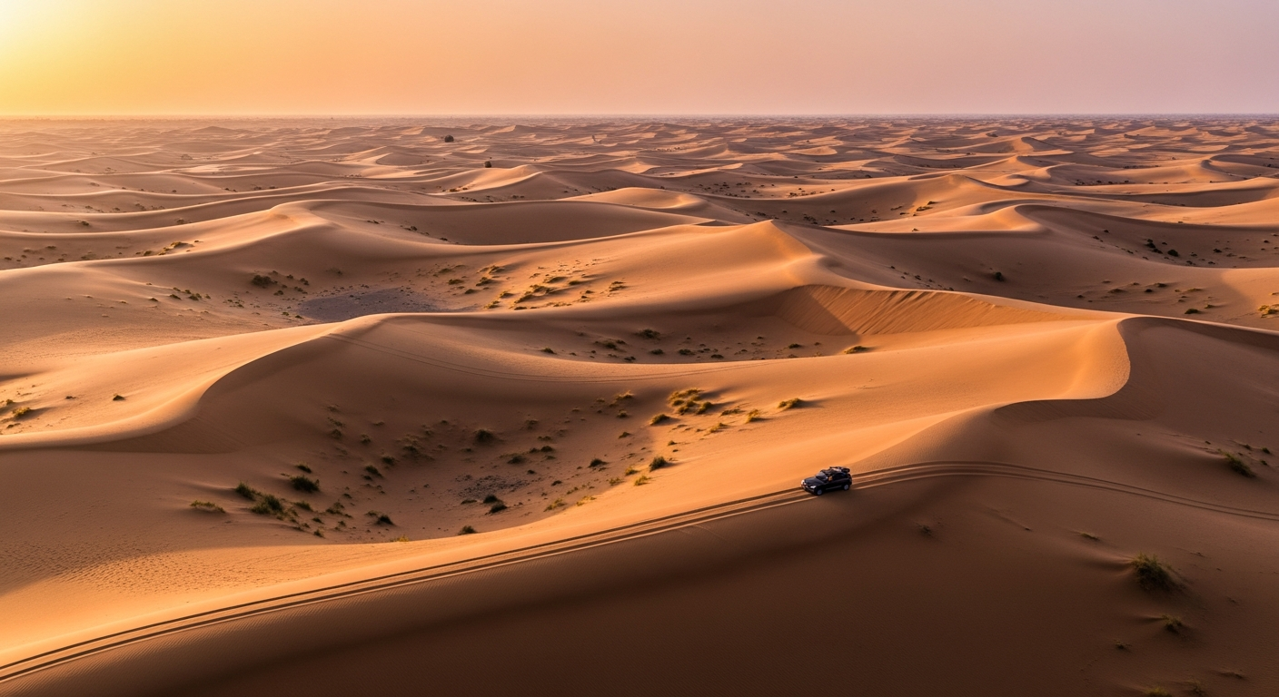 Panoramic Abu Dhabi desert landscape at sunrise