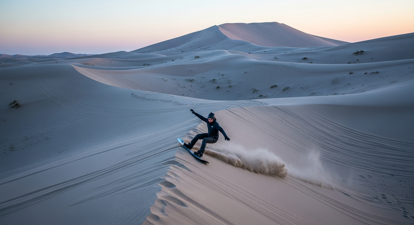 Sandboarding on Abu Dhabi desert dunes at morning