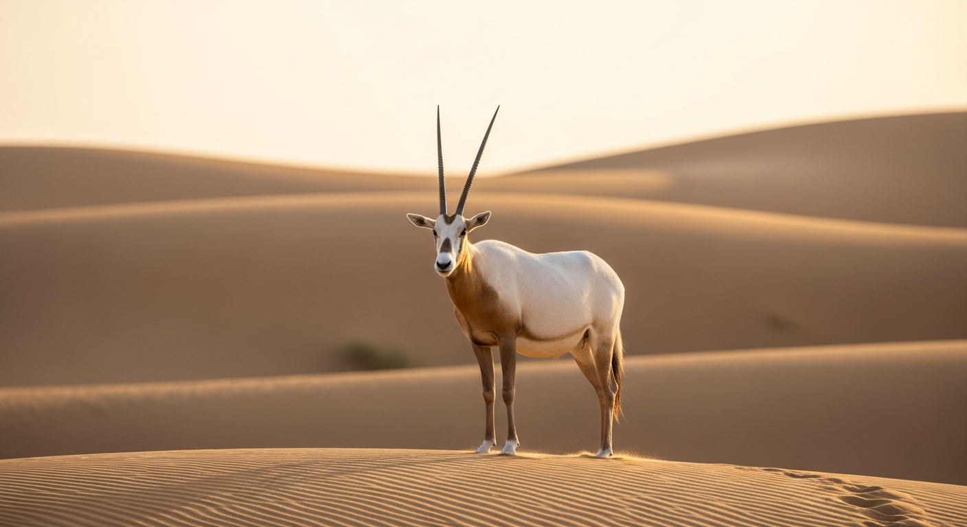 Arabian oryx spotted during morning safari in Abu Dhabi desert