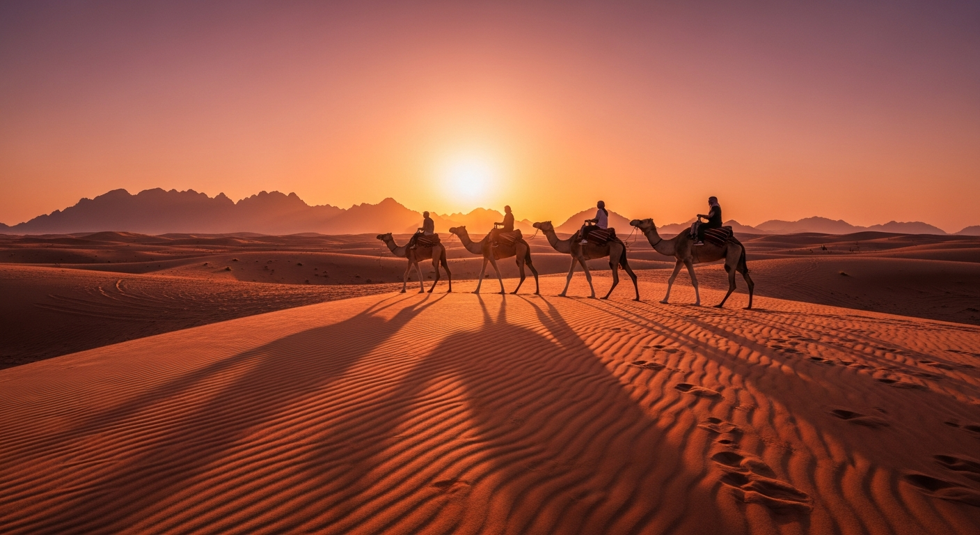 Camel caravan morning desert safari Ras Al Khaimah at sunrise