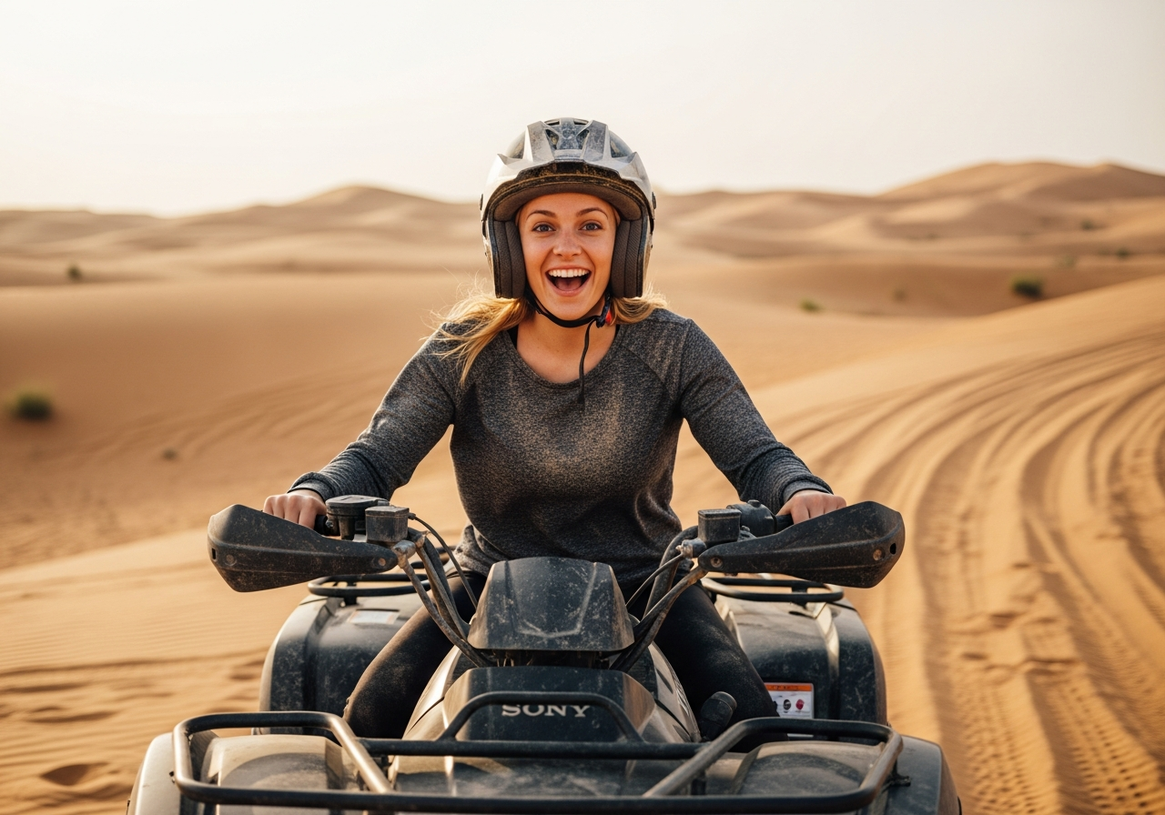 Tourist on ATV quad bike in Abu Dhabi Al Khatim desert