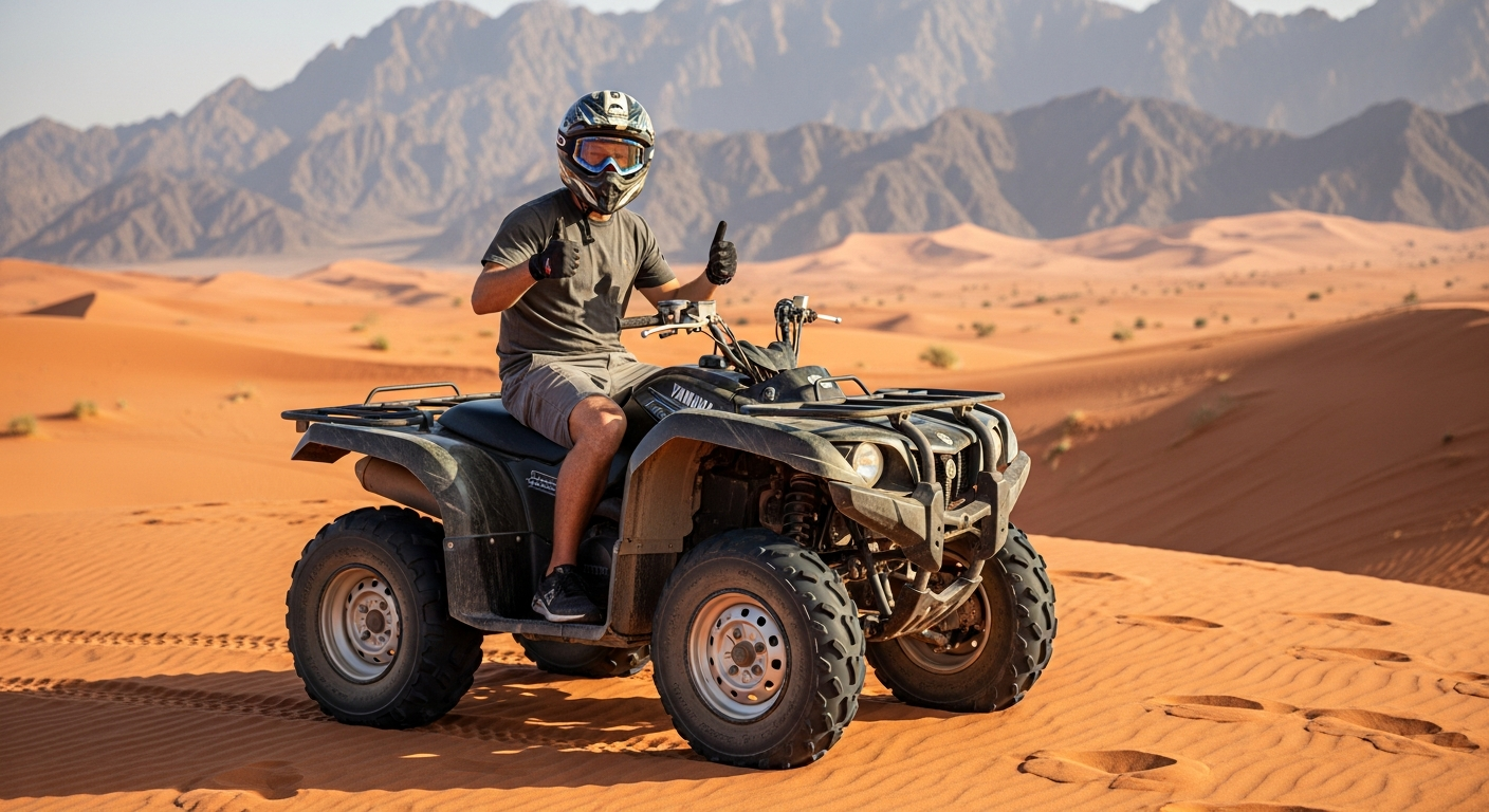Tourist on quad bike at Ras Al Khaimah desert with Hajar Mountains