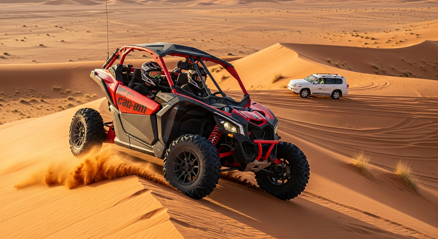 Can-Am Maverick X3 deep desert exploration with guide Land Cruiser on Lahbab dunes Dubai