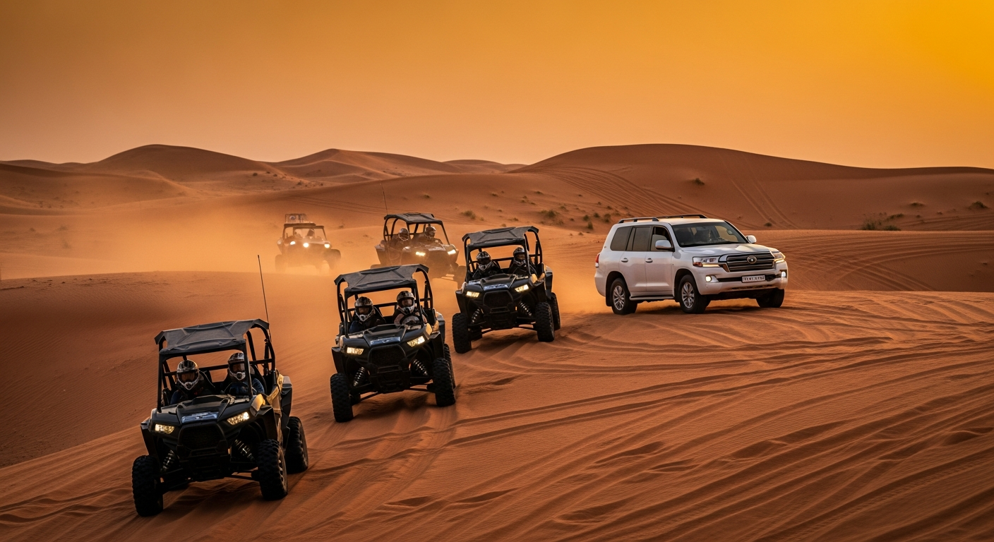 Convoy of three 4 seater Polaris RZR buggies with Toyota Land Cruiser guide vehicle on red sand dunes at sunset Dubai