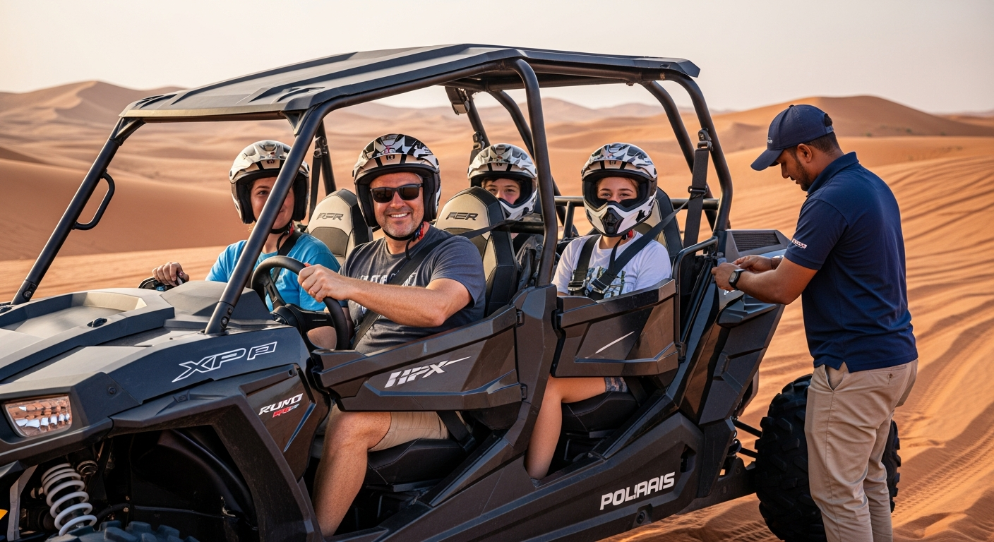 Family of four seated and harnessed in 4 seater Polaris RZR 1000cc ready for desert ride with guide checking safety Dubai
