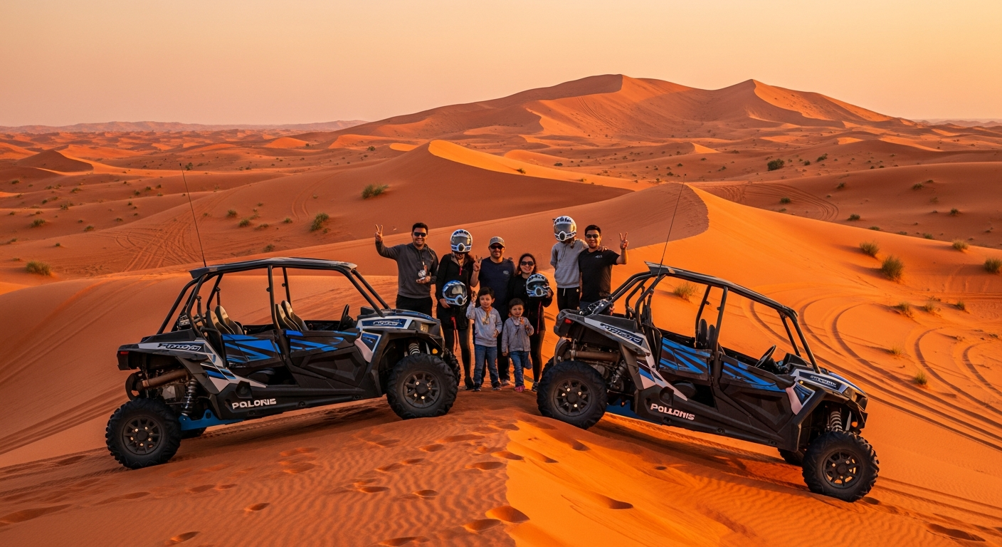 Two 4 seater Polaris RZR 1000cc buggies parked at Big Red dune photo stop with family group posing at sunset Dubai