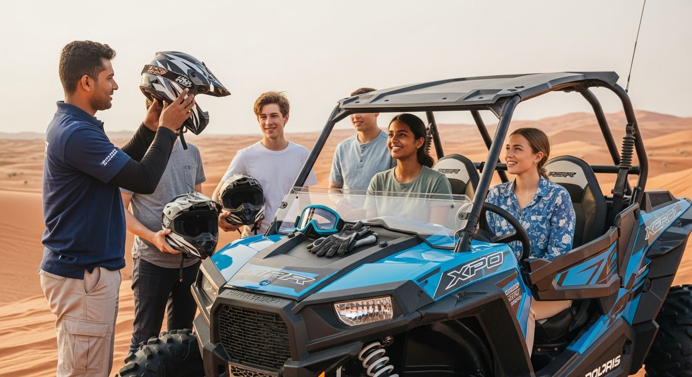 Desert safari guide fitting helmet on tourist family before 4 seater Polaris RZR 1000cc ride in Al Badayer Dubai