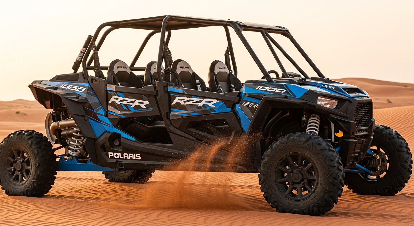 Close-up of 4 seater Polaris RZR 1000cc showing extended wheelbase four bucket seats roll cage and off-road tires Dubai desert