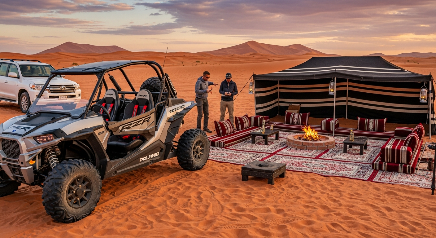 Classic safari and Polaris RZR buggy combo at Bedouin desert camp in Dubai