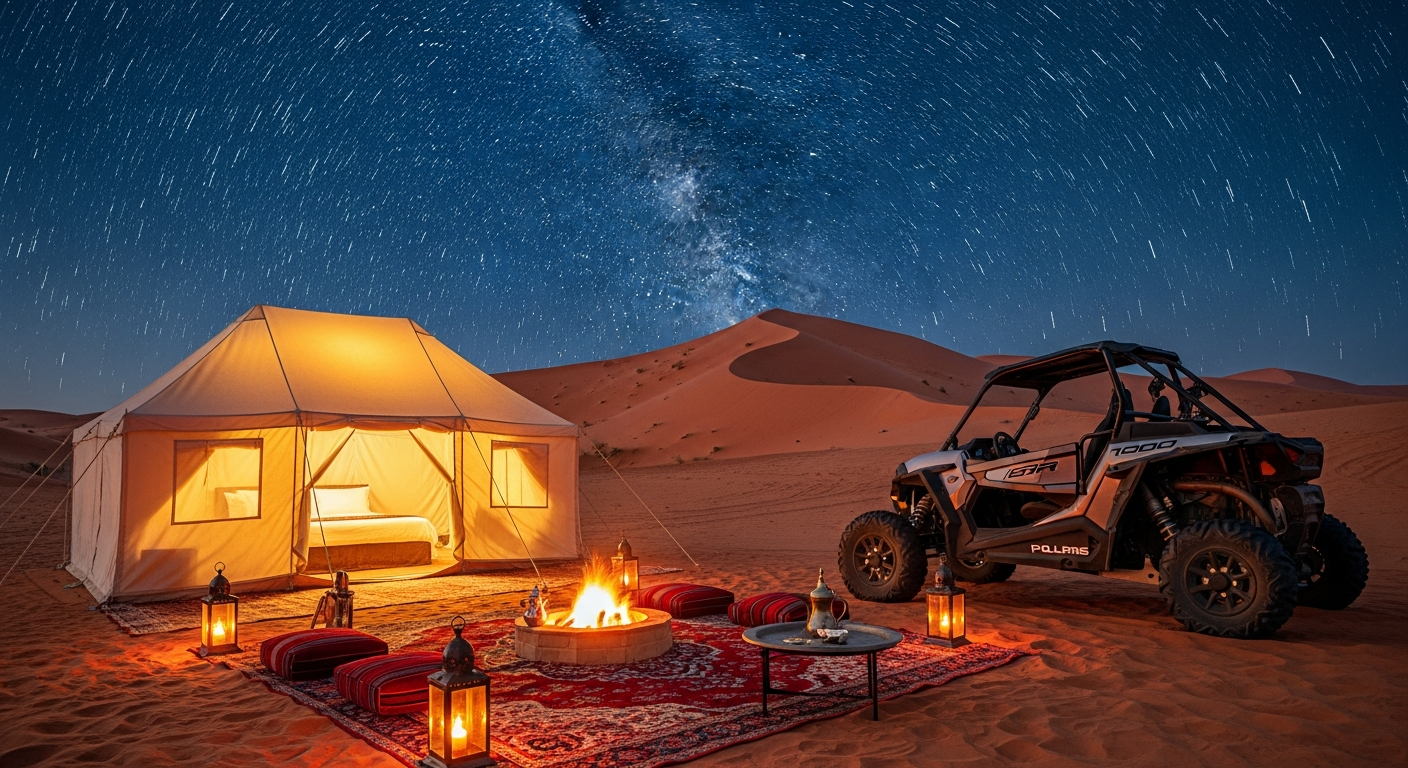 Overnight desert camp with Polaris RZR buggy under Milky Way stars in Dubai