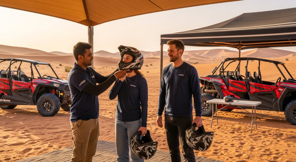 Professional dune buggy guide fitting a full-face helmet on a young woman while her male partner stands beside holding his own helmet before their 2-seater Polaris RZR 1000cc couples ride at Lahbab base camp outside Dubai