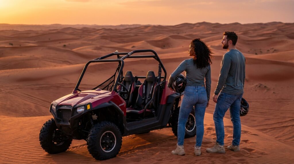 Couple taking a sunset photo stop on a red dune crest beside their parked 2-seater Polaris RZR 1000cc dune buggy in the remote Lahbab Red Dunes of the Dubai desert at golden hour