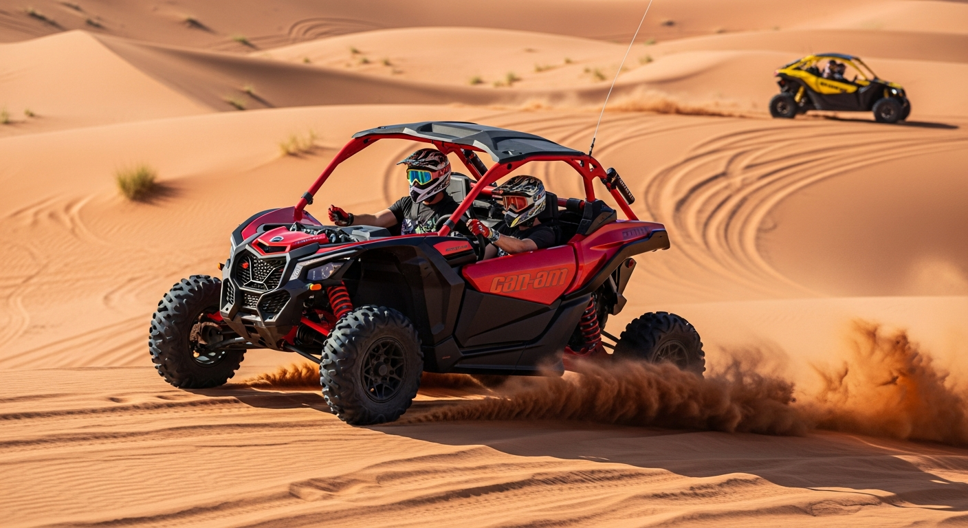 Red Can-Am Maverick X3 open side-by-side dune buggy with exposed roll cage powering across red Al Badayer sand dunes, two helmeted tourists in bucket seats with full-face motocross helmets, paddle tires kicking up sand spray