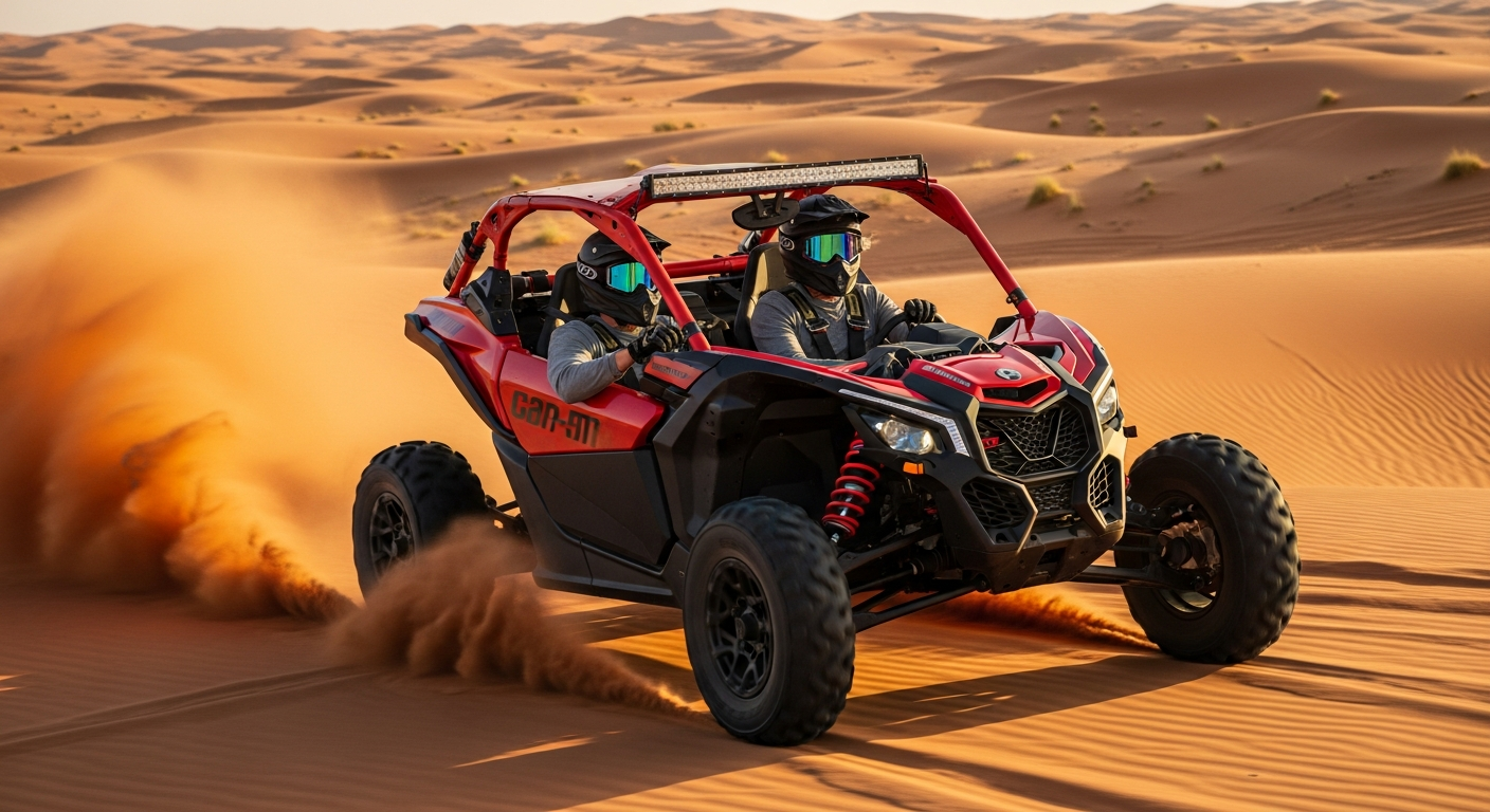 Can-Am Maverick X3 1000cc dune buggy speeding across Lahbab desert red dunes Dubai