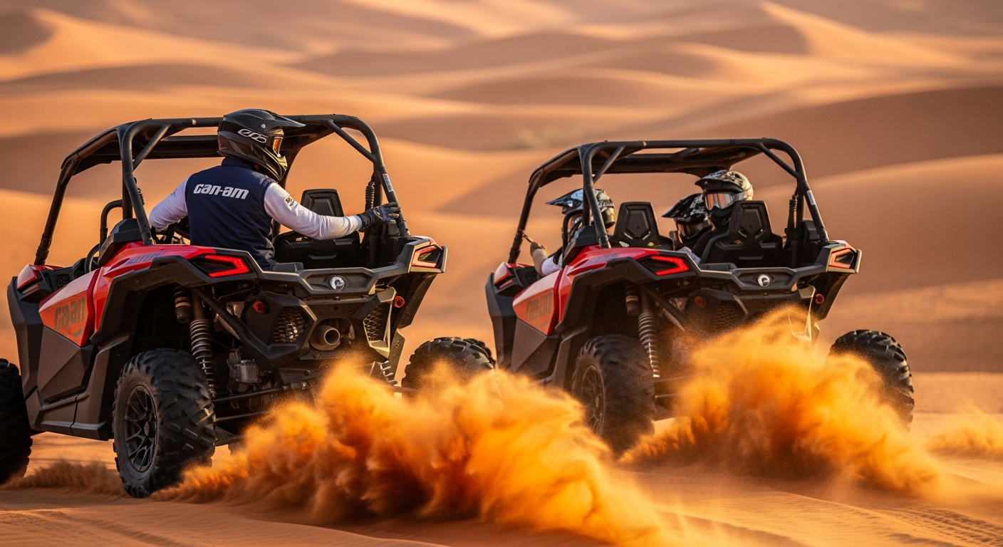 Can-Am Maverick X3 dune buggy convoy with professional guide riding alongside tourists Lahbab desert Dubai