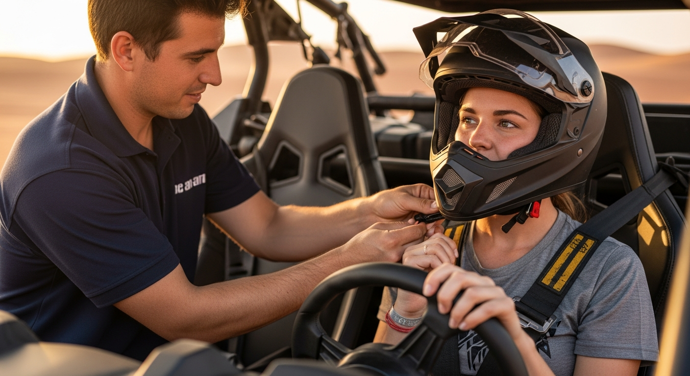Guide fitting safety helmet and insurance coverage check before Dubai dune buggy Can-Am ride