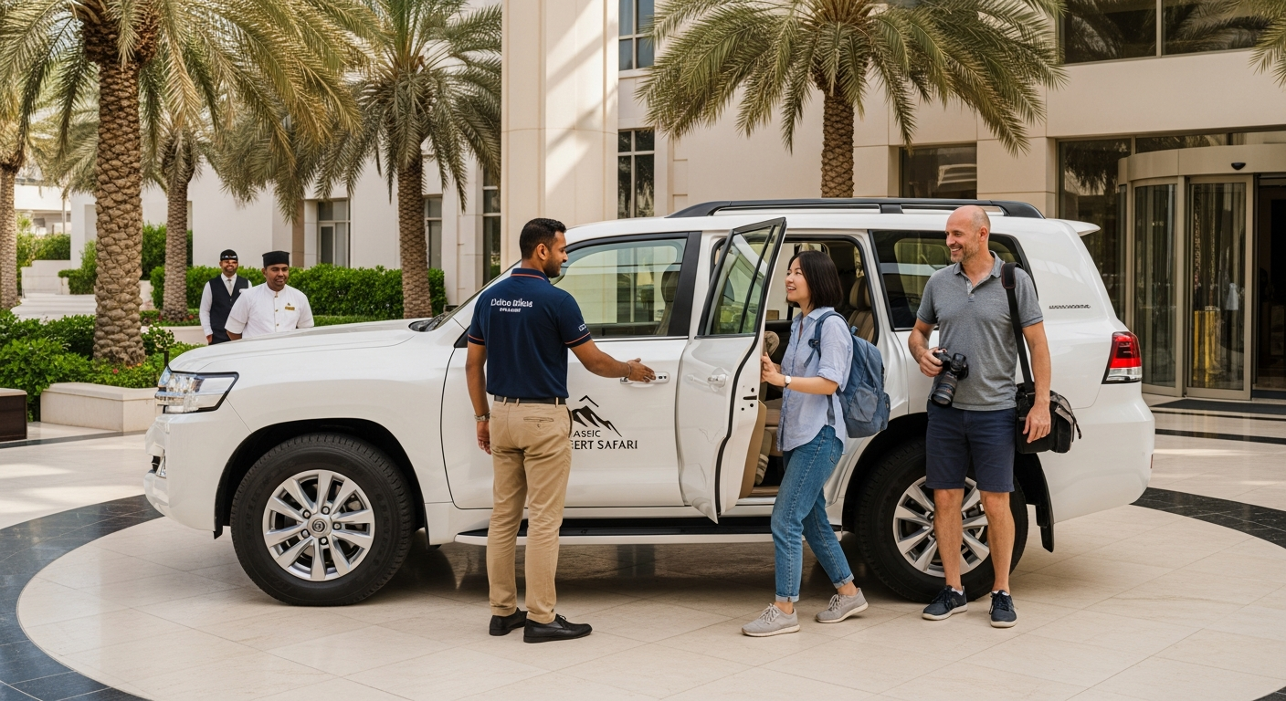 Classic Desert Safari hotel pickup tourists loading Toyota Land Cruiser Dubai driveway