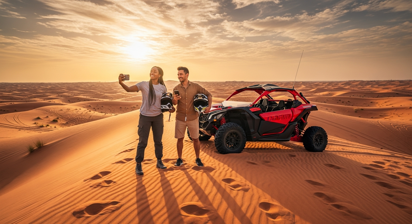 Tourists photo stop at scenic sunset dunes during Can-Am dune buggy Dubai tour