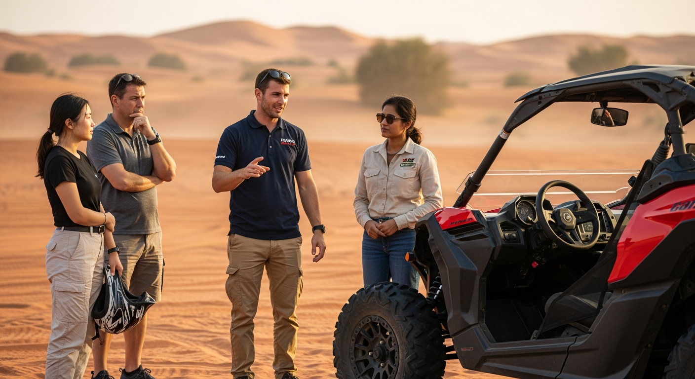 Professional guide delivering safety briefing to tourists before Can-Am dune buggy Dubai tour