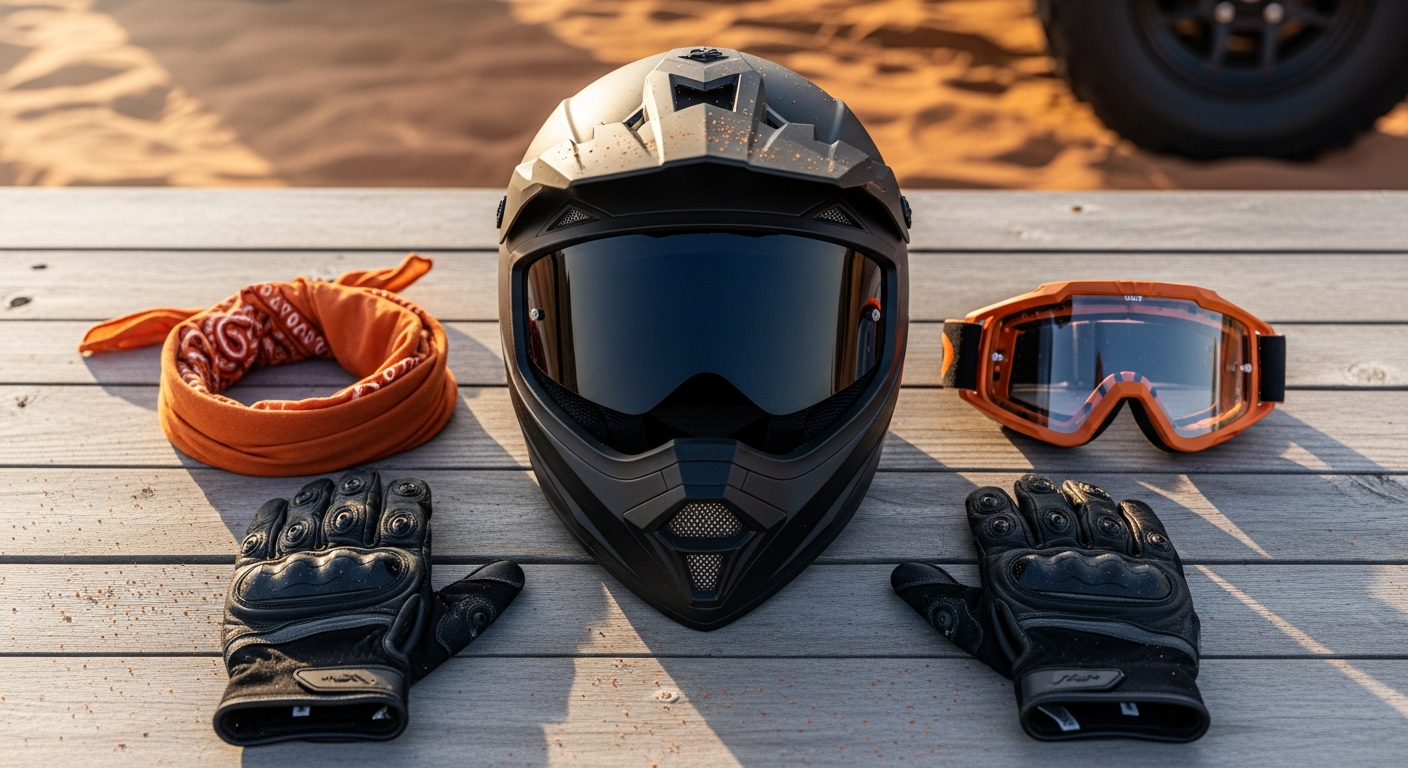Full safety gear helmet goggles gloves bandana for Dubai dune buggy adventure ride