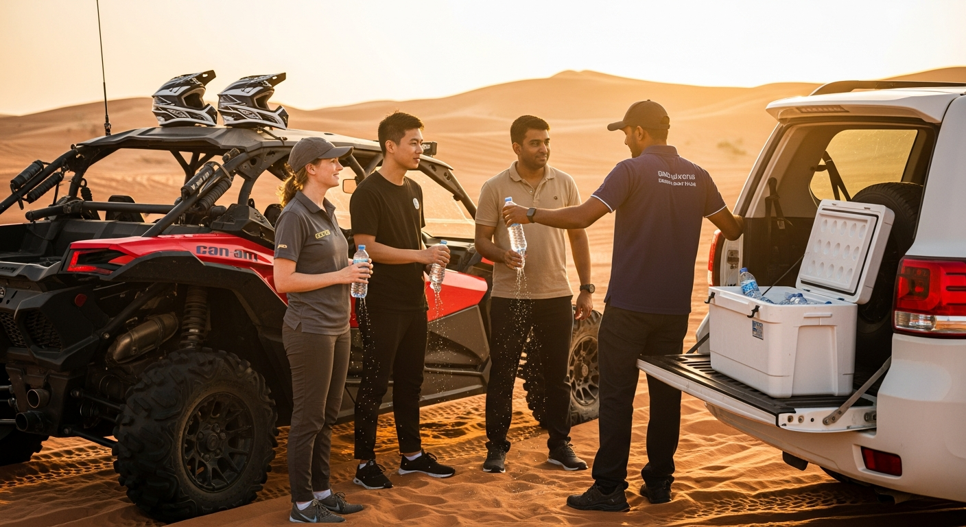 Water bottles and refreshments break during Can-Am dune buggy adventure Lahbab desert Dubai